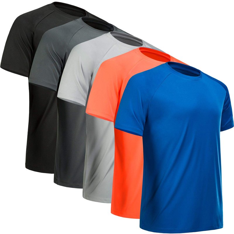 MCPORO Workout Shirts for Men Short Sleeve Quick Dry Athletic Gym Active T Shirt Moisture Wicking 5 Pack Black, Dark Grey, Light Grey, Blue, Orange Large