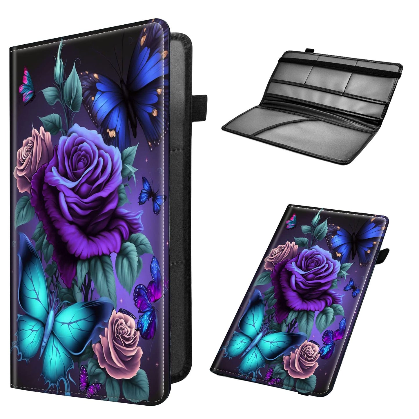 Car Registration and Insurance Holder, Leather Car Glove Box Organizer, Cool Car Accessories for ID, Driver's License Cards & Essential Document, business cards, Men&Women,Blue Pink Roses Butterfly