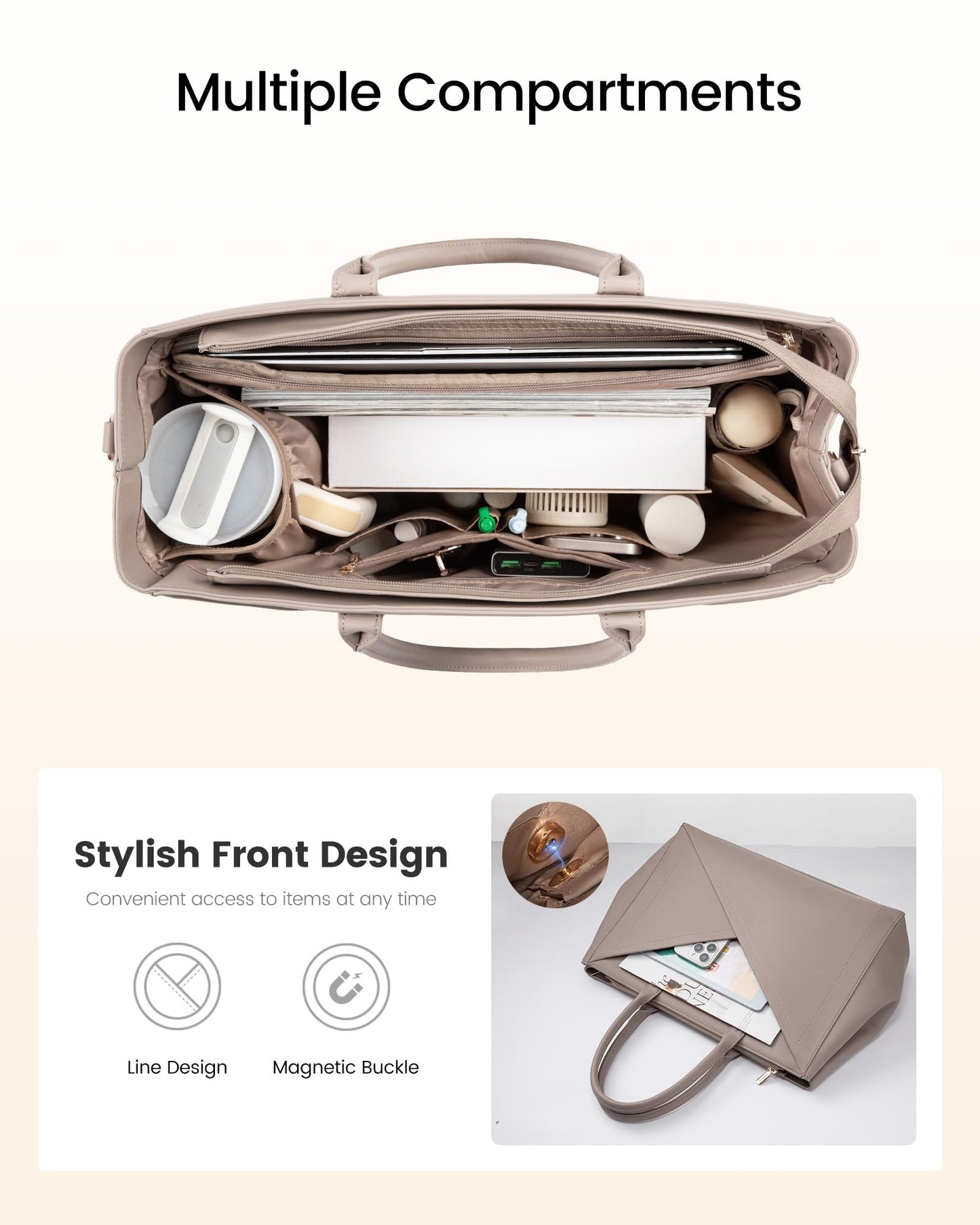 LOVEVOOK Laptop Tote Bag for Women with Large Cup Holder, 16 Inch PU Leather Work Bag Teacher Tote Bag, Waterproof Computer Bags Business Office Briefcase Handbag