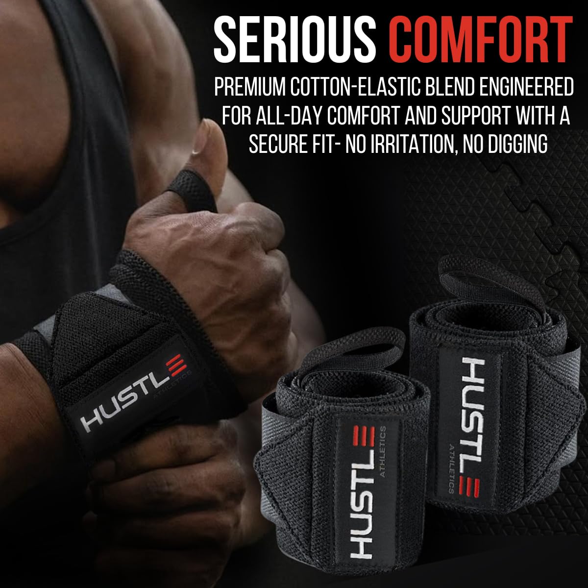 Hustle Athletics Wrist Wraps for Weightlifting, USPA-Approved 12" Wrist Support Straps for Bench Press, Squats & Overhead Press, Heavy-Duty Gym Wraps for Men and Women