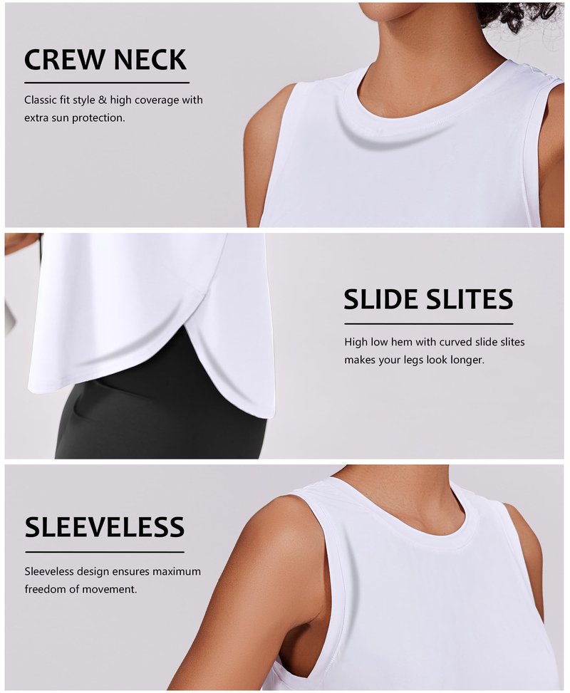 PINSPARK Athletic Tank Tops for Women Moisture Wicking Workout Tanks UPF 50+ Sleeveless Yoga Shirt with Side Slits Loose Fit Gym Top for Running, White Small