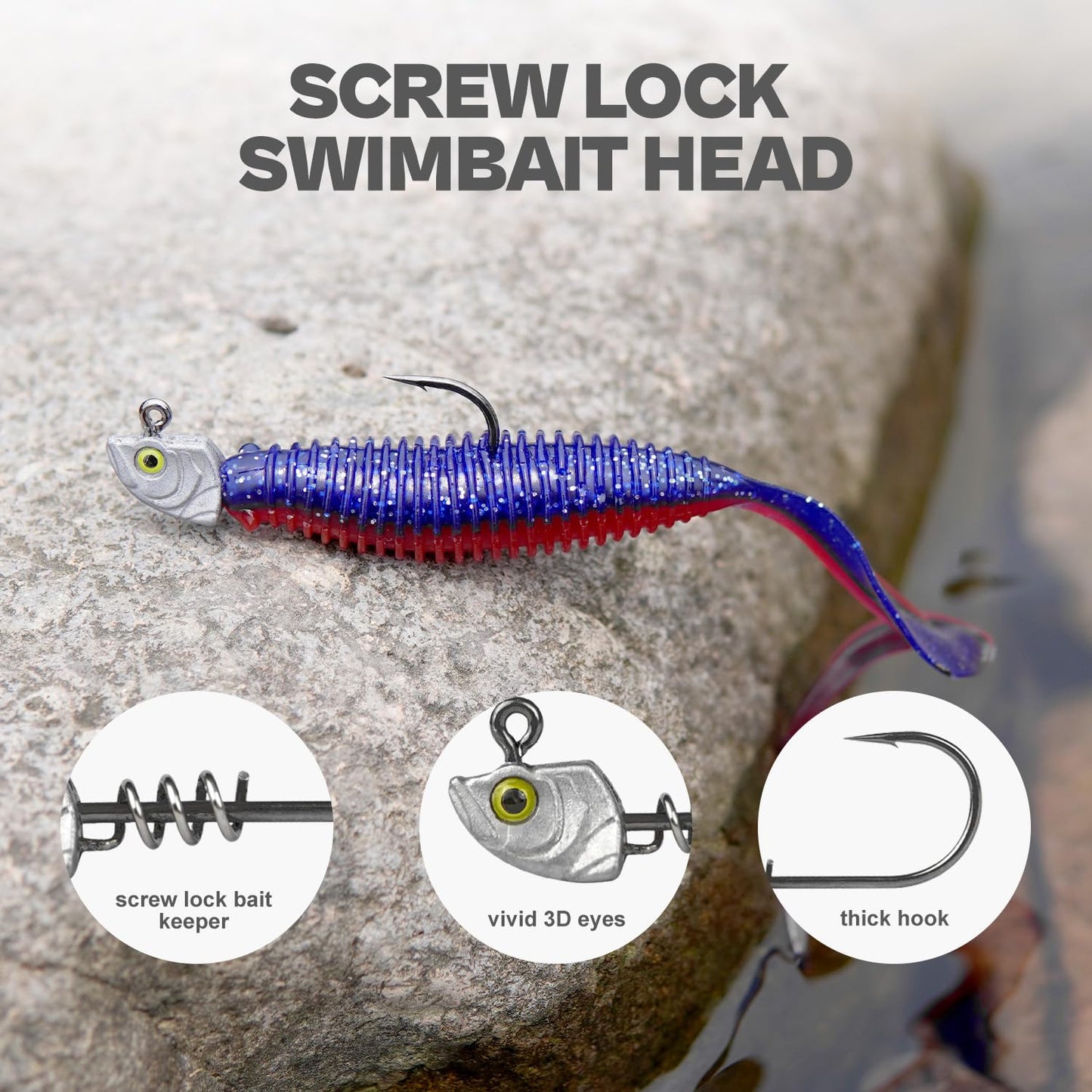 15-Pack Screw Lock Swimbait Jig Heads – 3D Chartreuse Eyes 1/8 3/16 1/4 3/8 1/2 oz, 3/0 & 4/0 Fishing Hooks