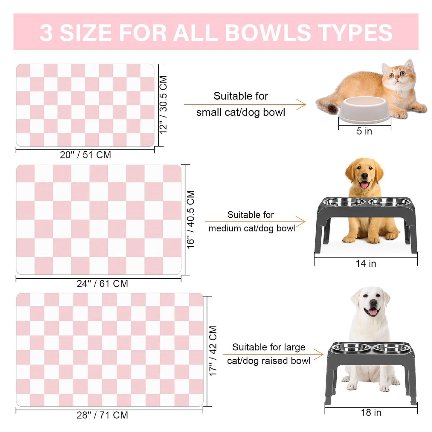 Cat Food Mat - 12"x 20" Cat Dog Mats for Food and Water Bowl, Checkered Pet Placemat Feeding Mat, Non-Slip Under Pet Bowls Mats for Messy Drinkers, Pink & White