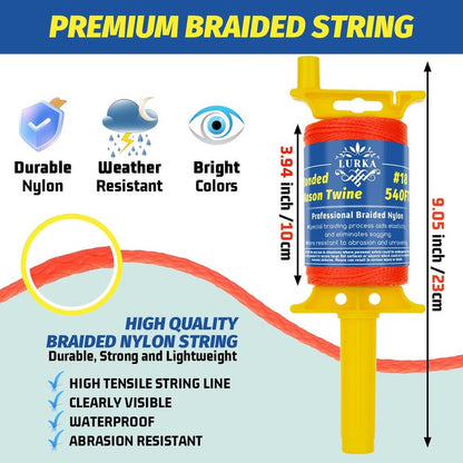 LURKA Mason Line String,#18 540 Feet Braided Construction Nylon Line with 5 Built-in Levels and Spool Fluorescent String Line for Precision Work, DIY, and Gardening (Fluorescent Orange)