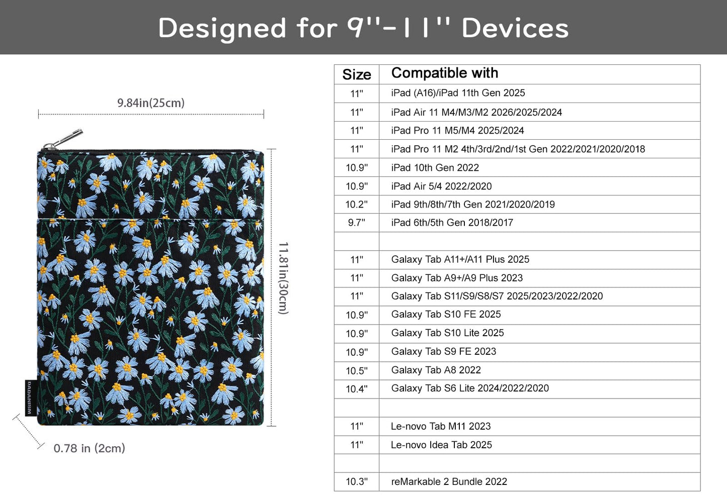 Dadanism 9-11 Inch Embroidered Daisy Padded Carrying Case Protective Tablet Sleeve for iPad A16 11th Gen 11"/10th Gen 10.9", iPad Air 11"/Pro 11"/Air 5th 4th 10.9", Galaxy Tab A11+ Plus 11", Black