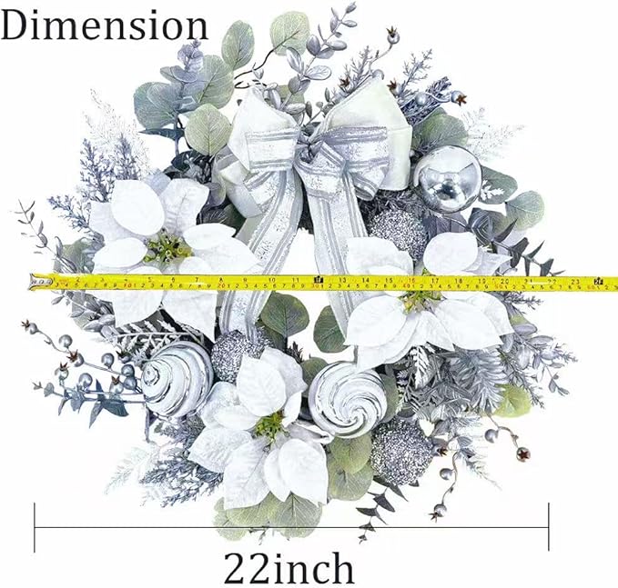 22 inch Christmas Wreath for Front Door, Lifelike Artificial Silver White Christmas Wreath, Green Fake Wreath Used for Wall, Window, Porch, Farmhouse, Indoor and Outdoor Home Decoration