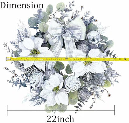 22 inch Christmas Wreath for Front Door, Lifelike Artificial Silver White Christmas Wreath, Green Fake Wreath Used for Wall, Window, Porch, Farmhouse, Indoor and Outdoor Home Decoration