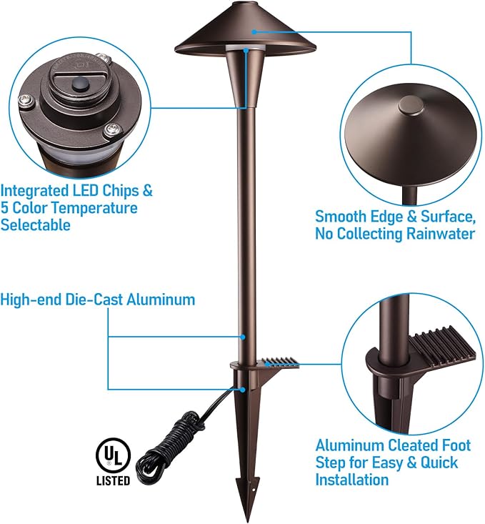 LEONLITE Update 5CCT Low Voltage Pathway Lights, LED Landscape Path Lights, 1800/2700/3000/4000/5000K, Flat Cone Head, 12-24V AC/DC, IP65 Outdoor Walkway Light, Oil Rubbed Bronze Aluminum, Pack of 6