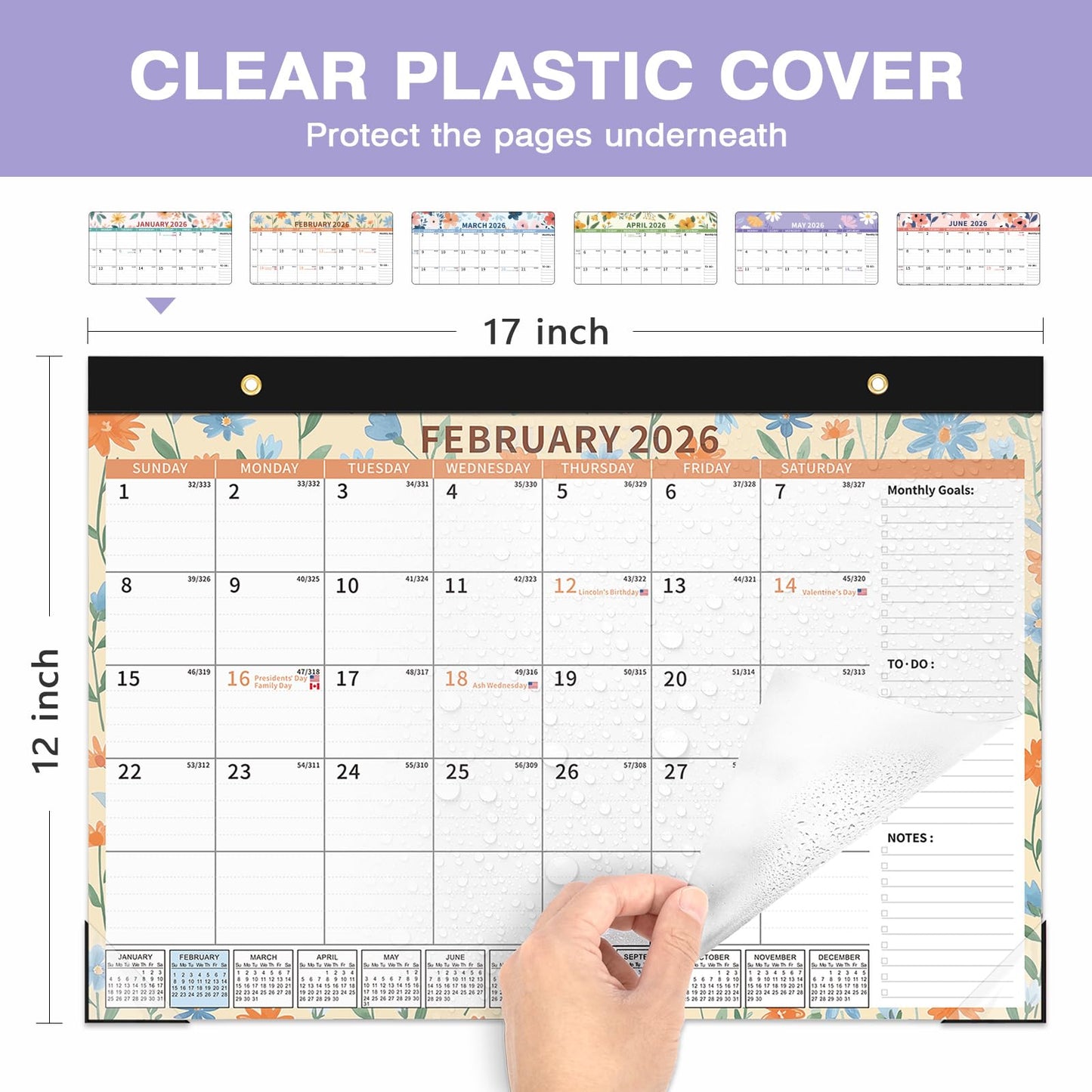 Ospelelf 2026-2027 Calendar Magnetic Desk Wall Desktop Monthly Planner from January 2026 - June 2027 Large To Do Pad with Plastic Cover for Office 17" X 12" Ditsy Floral