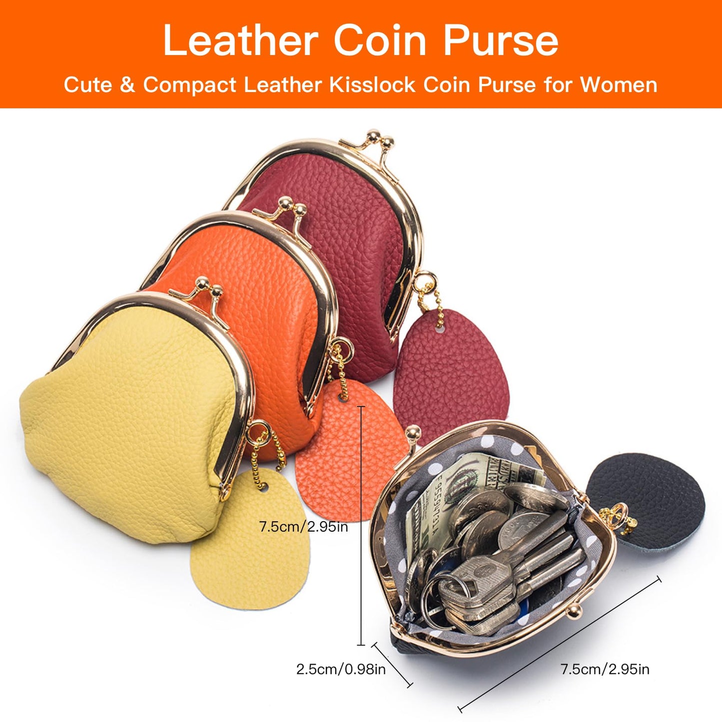 Leather Kisslock Coin Purse for Women, Compact Vintage Style Coin Pouch with Key Holder, Gift for Girls (Black)