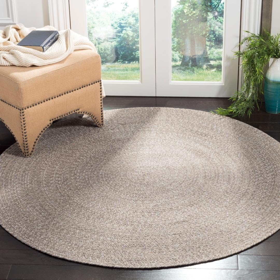 SAFAVIEH Braided Collection Area Rug - 5' Round, Ivory & Beige, Handmade Woven Cotton, Boho Reversible Style, Ideal for Living Room, Bedroom, Dining Space (BRD256B)