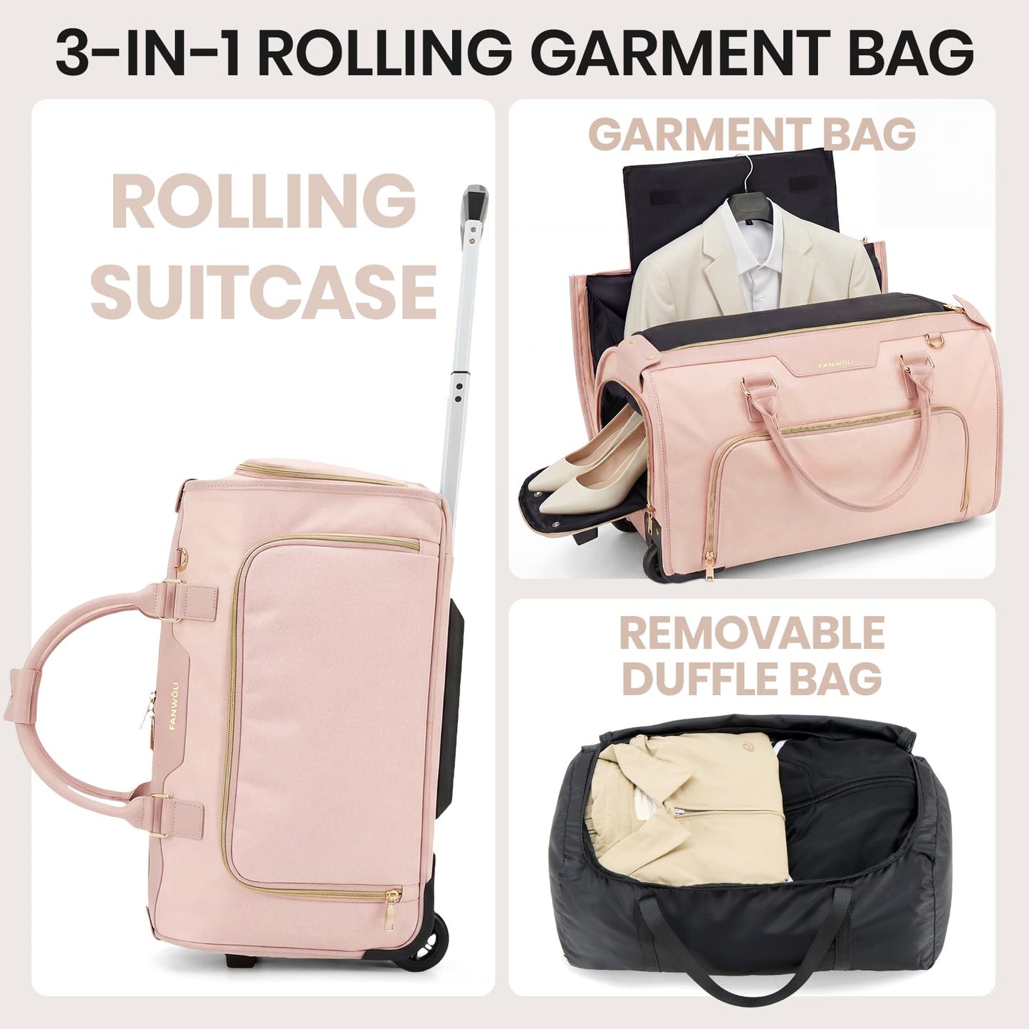 Fanwoli Carry-On Rolling Garment Bag for Travel, 3-in-1 Wheeled Luggage with Shoe Storage & Detachable Organizer, Convertible Duffel Bag for Men Women Business Trips Weekender, Wrinkle-Free (Pink)