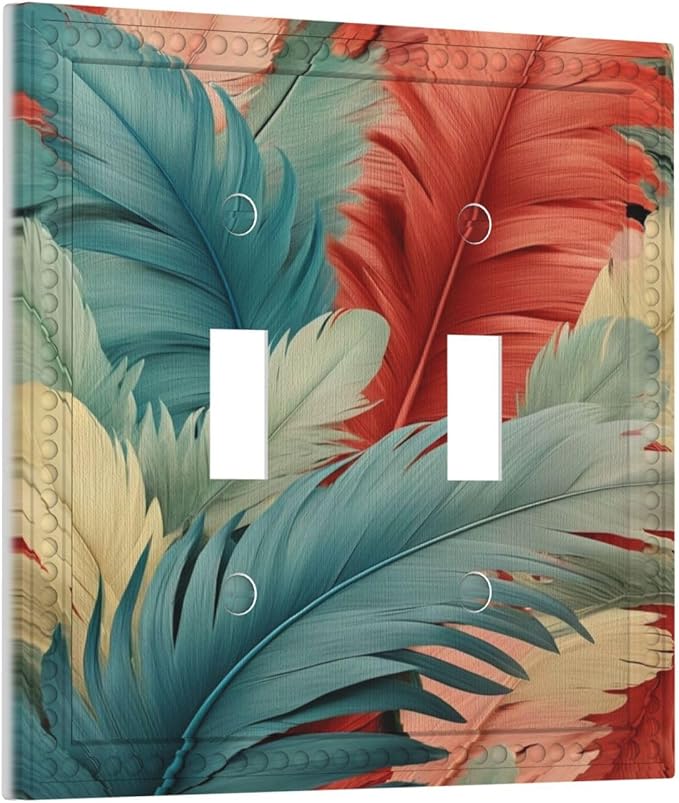 Colorful Feathers Blue Red Light Switch Covers Double Toggle 2 Gang Wall Plate Dual Decorative Switchplate Electrical Faceplate for Farmhouse Decor