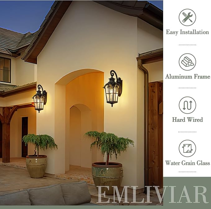 Emliviar Farmhouse 25 Inch Outdoor Wall Lantern Sconce, 1-Light Large Patio Wall Light Fixture with Water Grain Glass, Black Finish, WE215BM BK