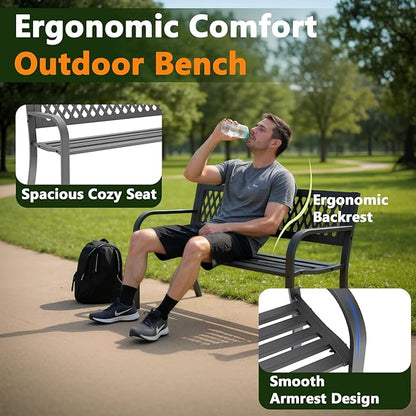 Outdoor Bench, Garden Patio Park Entryway Metal Bench with Comfortable Backrest, Sturdy Heavy Duty Loveseat Front Porch Backyard Lawn Furniture for Outside