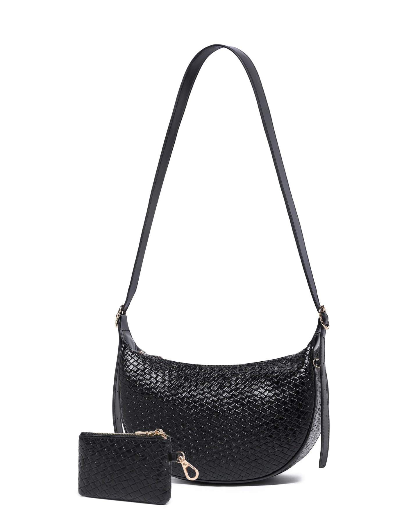 Purses for Women Woven Crescent Shoulder Bag 2PC Vegan Leather Hobo Crossbody Handbag with Small Matching Bag