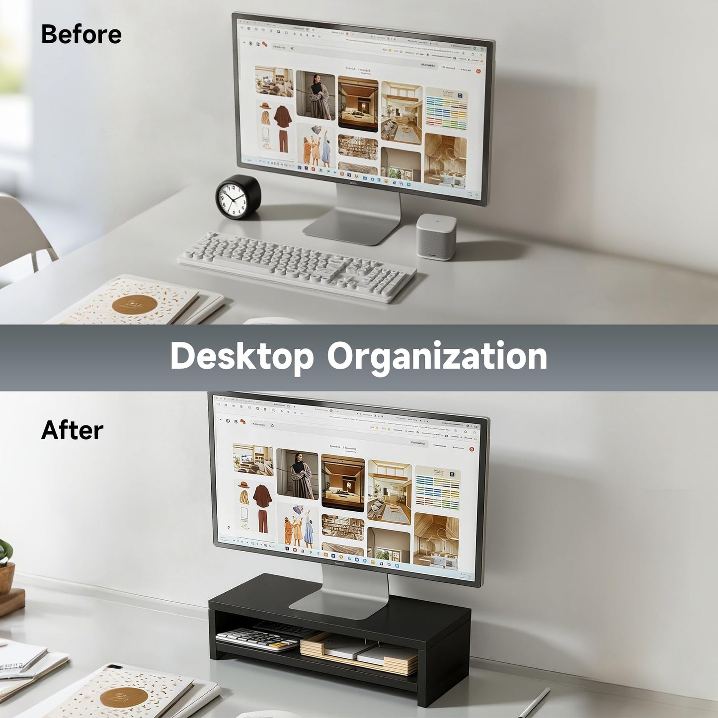 vie poetique Wooden Monitor Stand Riser, 2-Tier Desk Shelf with Storage Organizer, Ergonomic Computer Stand, Storage Organizer for Laptop, Computer, Black, 15.7 Inch