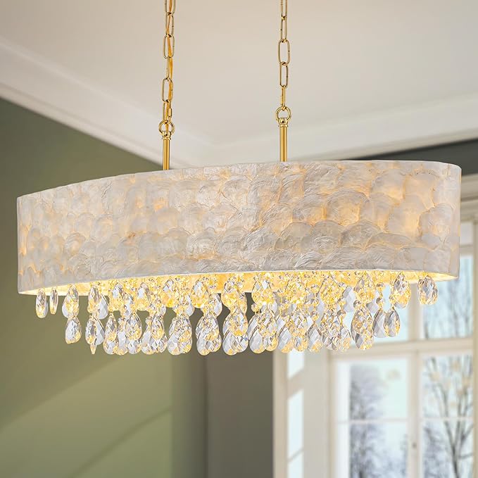 6-Lights Oval Capiz Shell Crystal Linear Chandeliers, Coastal Design Light Fixture for Dining Room, Kitchen Island, L32xW12xH19~65 Inch(Adjustable), Shell Lampshade & Brass Finish