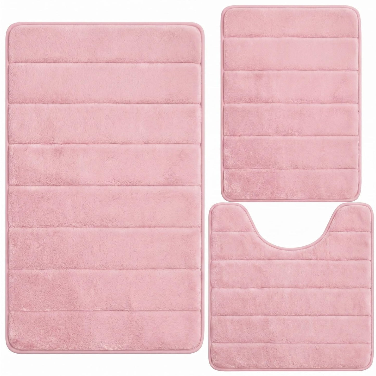 AINAHYVA Bathroom Rugs Set 3 Piece, Memory Foam Bath Rugs, Non Slip Washable Bathroom Rug Set, Extra Soft Absorbent Bath Mats with U-Shaped Toilet Rug, Pink