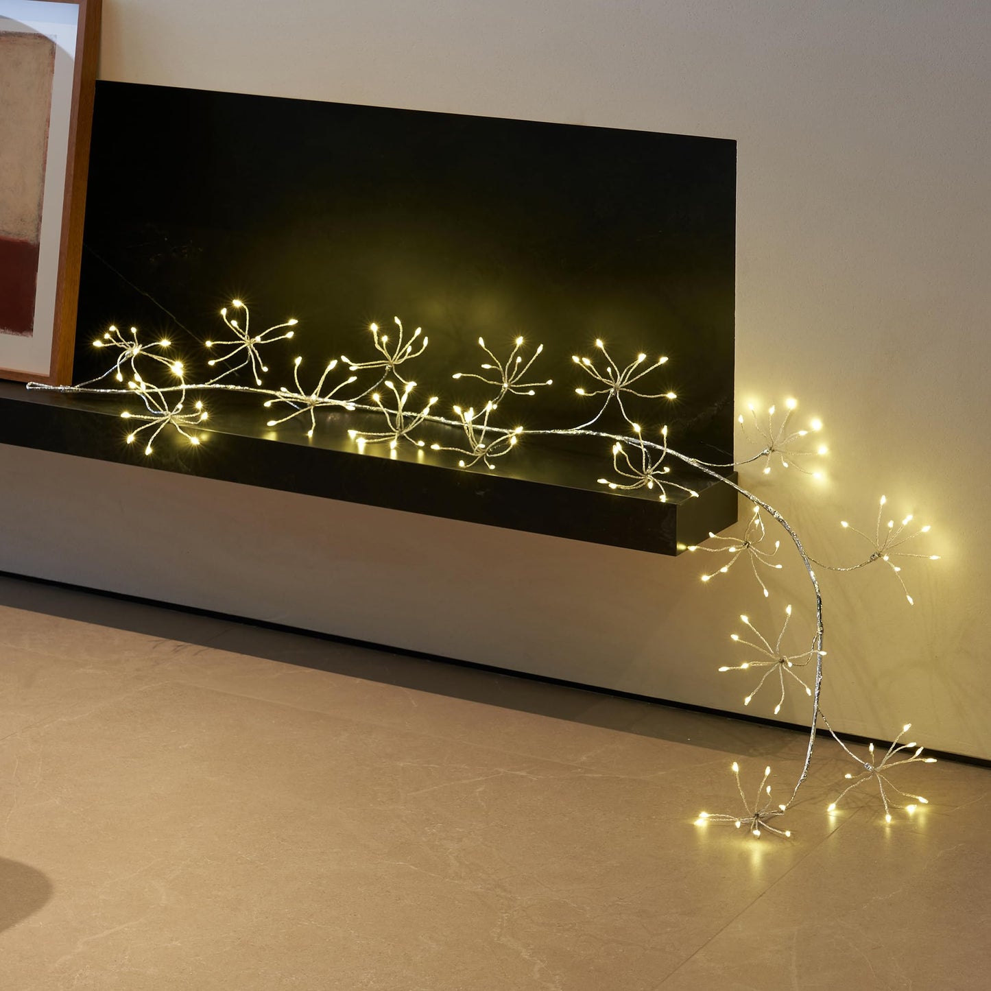 LITBLOOM Lighted Starburst Garland with Timer and Dimmer 6FT, Sliver Garland with Lights 160 Warm White LED Lights for Home Fireplace Mantle Thanksgiving Christmas Decoration Indoor Outdoor