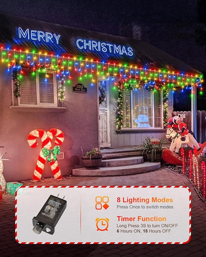 159 FT Christmas Lights Outdoor, 1458 LED Waterproof Outside Christmas Lights Plug in, Timer & Memory, 8 Modes Fairy Lights with 324 Drops for House Eaves Yard Patio Decorations, Multicolor