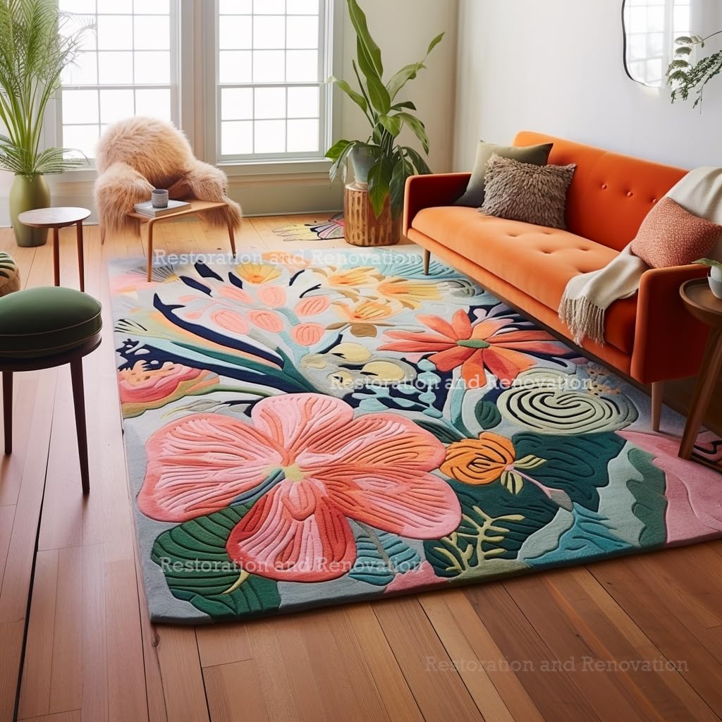 Restoration and Renovation Handmade Wool Floral Area Rug for Living Room | Elegant Flower Garden Design, Soft, Thick and Durable | Bedroom, Dining Room & Home Decor Carpet (5' x 8', Floral D)