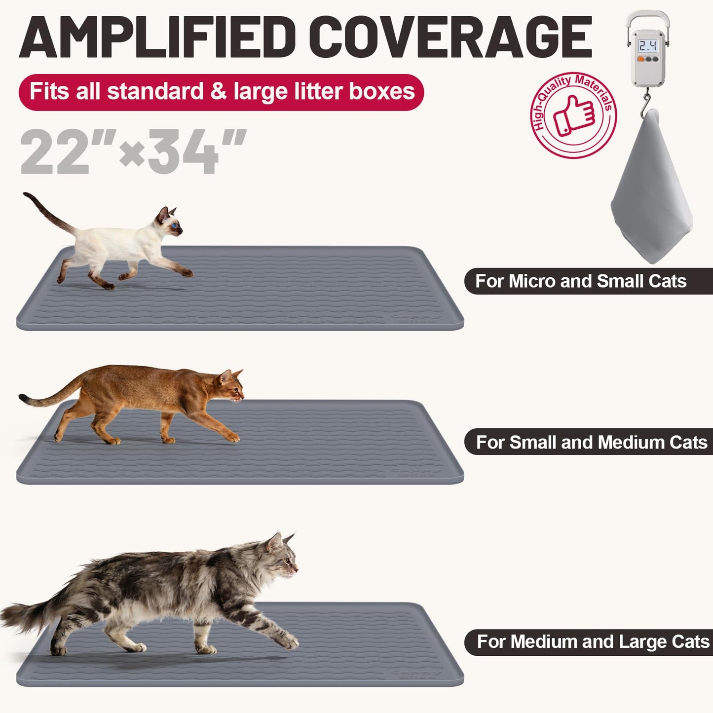 CappyBliss Large Silicone Cat Mat for Litter Box, 34"x22" Waterproof & Urine-Proof Pad with Litter-Trapping Waves, Non-Slip, Easy Clean & Paw-Safe (Gray)