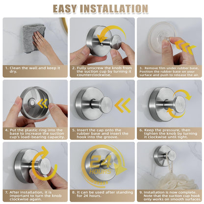 Fenas Suction Cup Hooks for Shower No-Drill Bathroom Hooks for Towels, Robes, Loofah Mountable on Bathroom Walls, Kitchen, Glass, Mirrors, Tile and Smooth,Non-Porous Surfaces (2, Brushed Nickel)