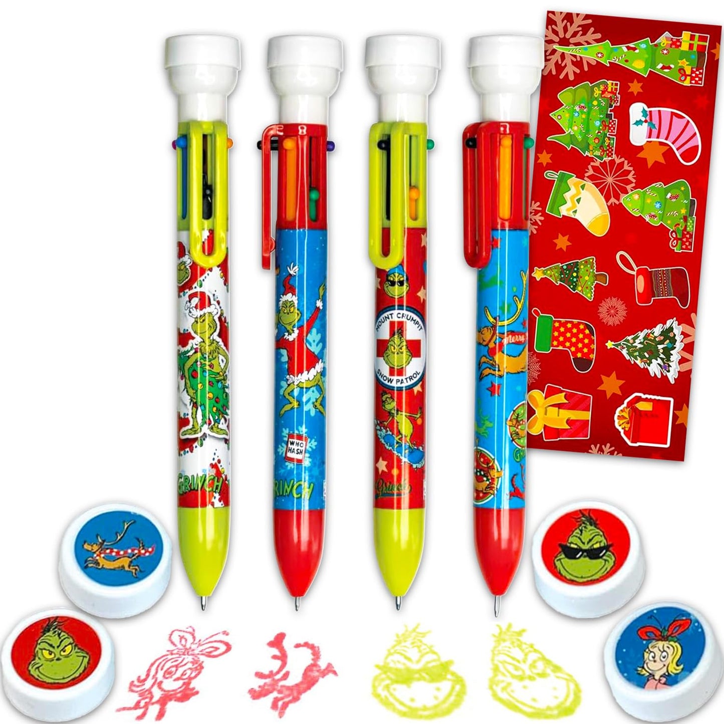 Dr. Seuss Grinch Pen 4 Pack - 4 Pc Bundle with Multicolor Ballpoint Pens with Stamper Christmas Gift Plus Stickers | How the Grinch Stole Christmas Stationery for Kids, Girls, Boys