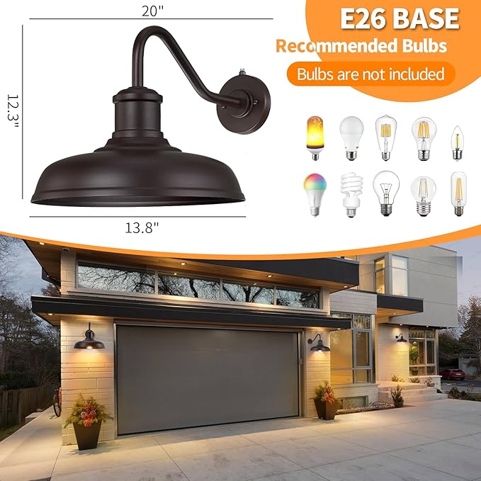13.8'' Large Dusk to Dawn Outdoor Gooseneck Barn Light, 2-Pack Outdoor Wall Sconce Farmhouse Exterior Light Wall Lighting Fixture Industrial Lantern for Porch, Entryway, Garage, Brown