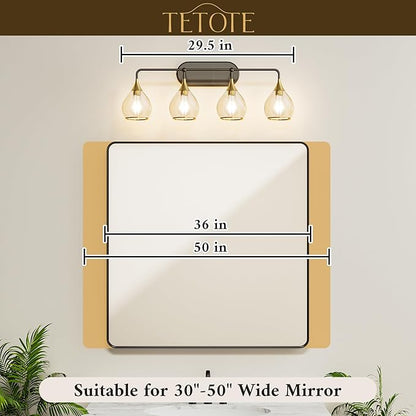 TETOTE 4-Light Modern Bathroom Light Fixtures, 4 Light Vanity Lights Over Mirror Black & Gold Wall Lamp with Clear Glass for Bathroom, Mirror, Living Room, Bedroom, Hallway