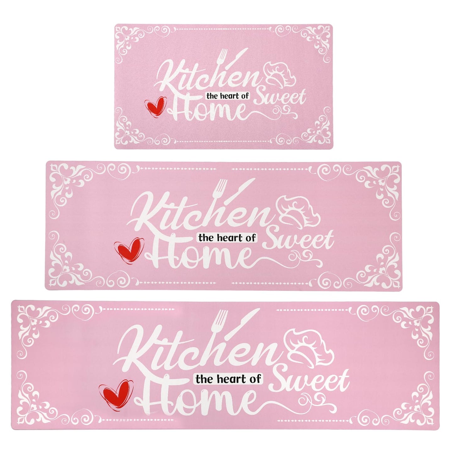 XLHOMO Pink Kitchen Mats for Floor 3 Pieces Set, Non Slip Cushioned Runners Waterproof Comfort Kitchen Rugs and Mats Farmhouse Chef Mat Carpet for Sink,Laundry Room