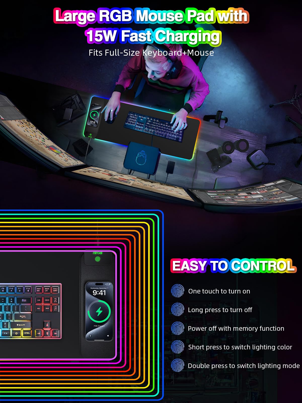 Mouse Pad with Wireless Charging, Large Desk Mat RGB Gaming Mousepad, 10 Light Colors LED Gaming Pad Keyboard Pad with Ultra-Smooth Surface & Non-Slip Rubber Base, Waterproof Full Desk Mouse Pad