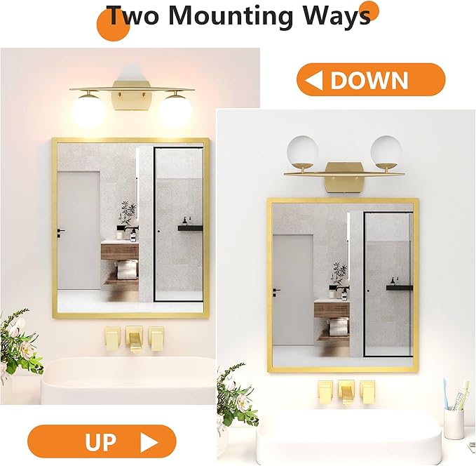 Gold Vanity Lights for Bathroom, 2-Light 20 Inch Bathroom Lighting Fixtures over Mirror with Milky White Frosted Glass Shades, Wall Sconces for Bathroom, Bedroom, Living Room(G9 Bulb not Included)