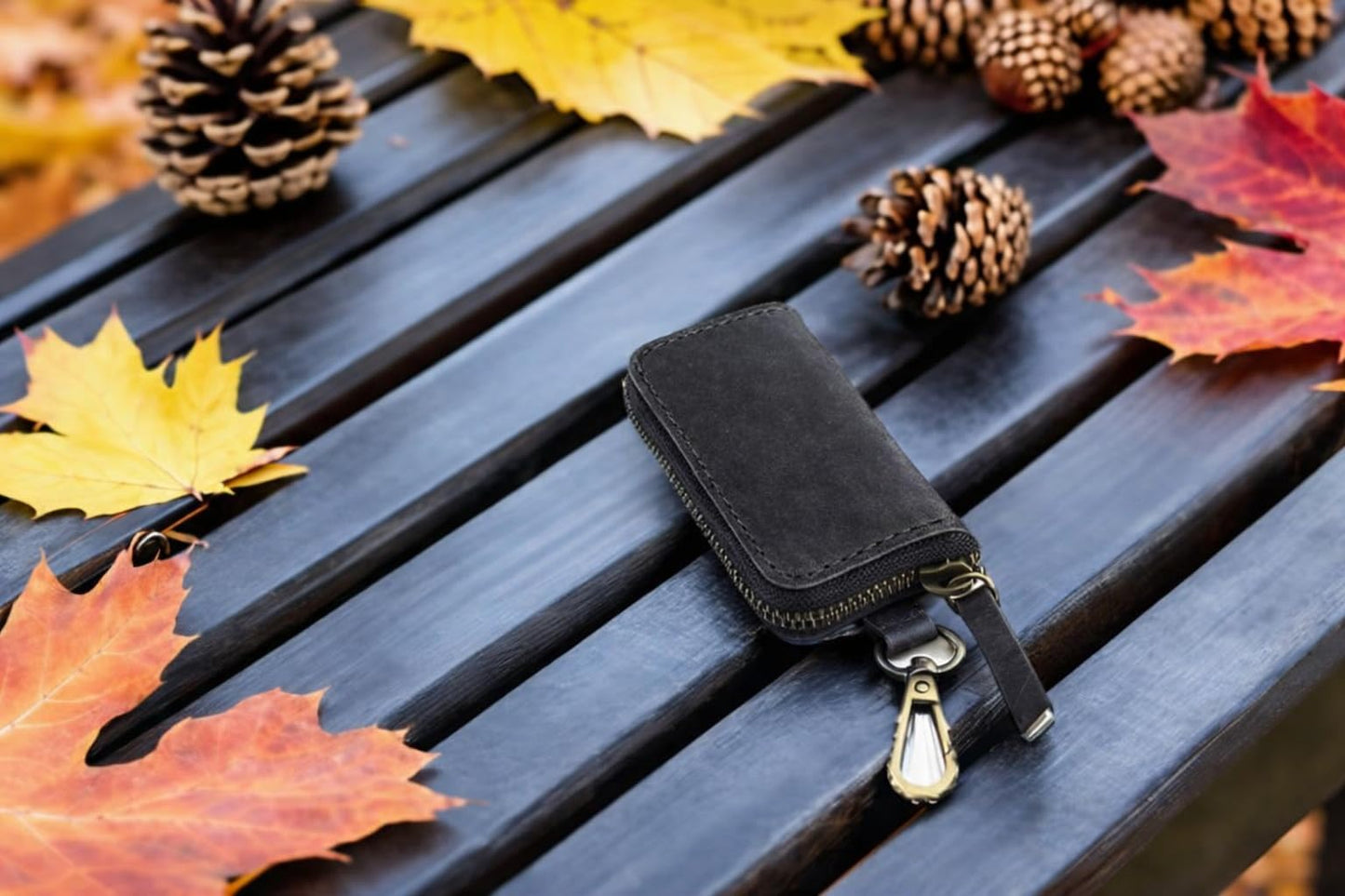 Handmade Full Grain Leather Car Key Holder & Zippered Coin Purse | Belt Loop Key Chain, Compact Earphone Holder Multi-Functional Money Purse Elegant Leather Accessory Versatile Key Organizer (Black)