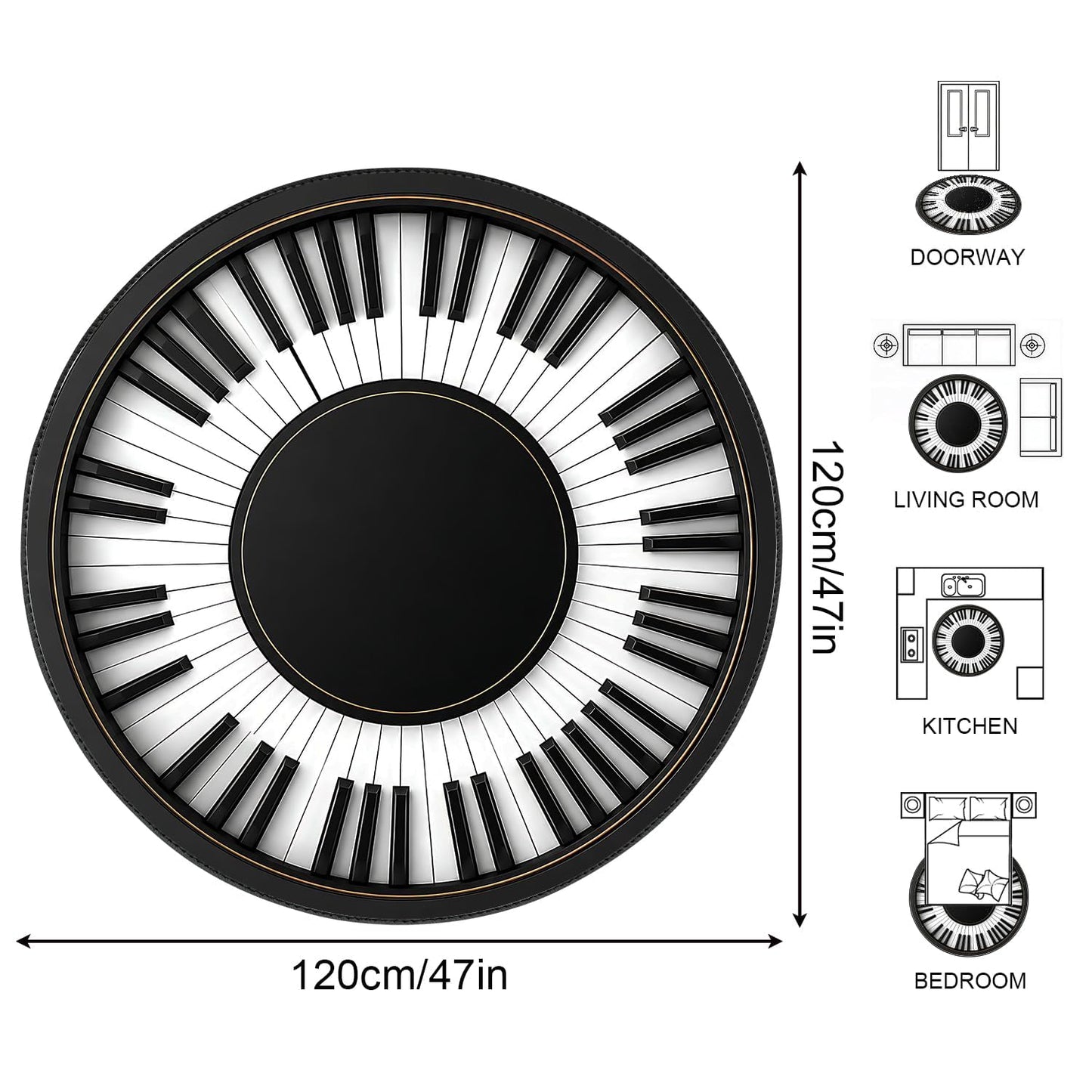 Round Area Rug 4ft – Piano Keyboard Round Rug, Washable Circular Floor Carpet for Living Room, Bedroom, Music Room, Studio, Non Slip Decorative Piano Key Rug