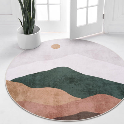 Sungea 4ft Abstract Round Rug,Soft Washable Non-Slip Sun and Mountain Circle Kids Room Rugs,Chic Faux Wool Low-Pile Circular Throw Rugs for Entryway/Bedroom/Nursery/Living Room/Bathroom(Grey)