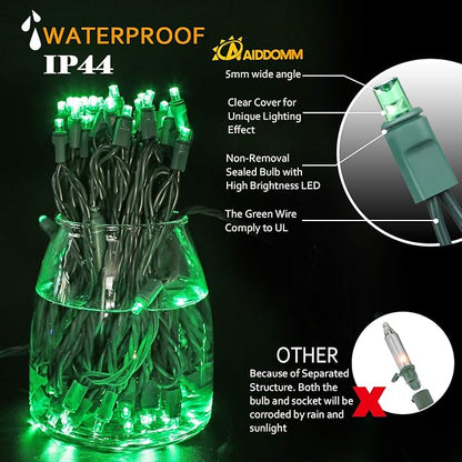 100 Counts Green LED Christmas Lights – 50ft 5mm Green Halloween Lights Outdoor Commercial Grade Waterproof, Indoor Christmas Tree Decorations, Green Wire Mini Green String Lights, UL, IP:65