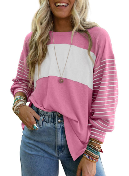Dokotoo Long Sleeve Tops Oversized 2025 Trendy Round Crew Neck Casual Color Block Womens Shirts Blouses