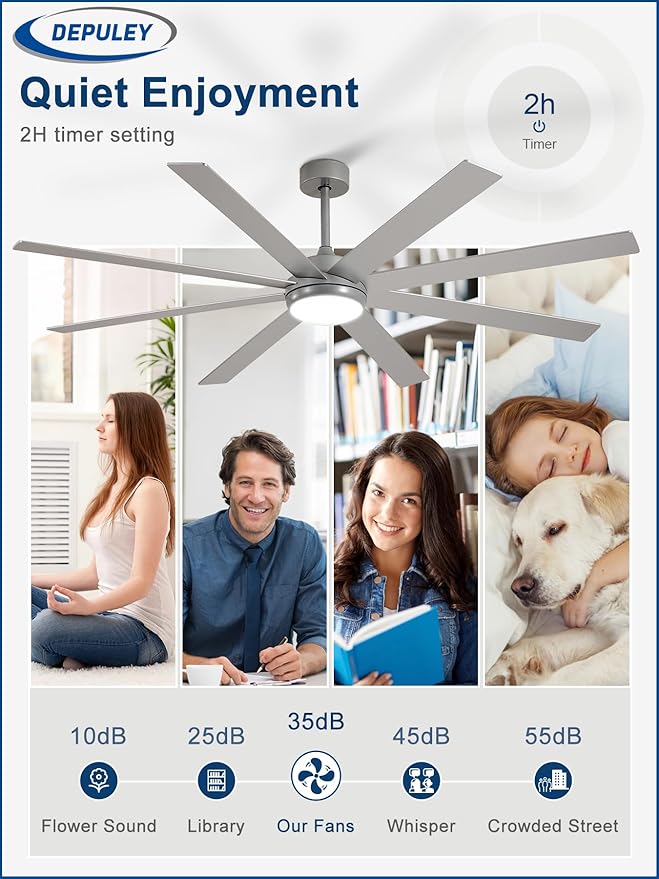 Depuley 72" Ceiling Fans with Lights: Large Indoor/Outdoor Ceiling Fan for Patios Living Room - 8 Blades Silver Dimmable Ceiling Fans with Remote APP Control Timer Reversible Quiet DC Motor 6 Speeds