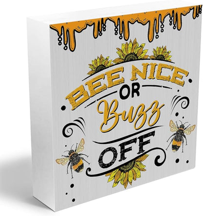 Bee Decorations Wooden Box Sign, Sunflower Bee Decor, Inspirational Spring Rustic Farmhouse Home Living Room Bathroom Desk Table Shelf Cubicle Decor Decorations, Bee Gifts Wood Block Plaque