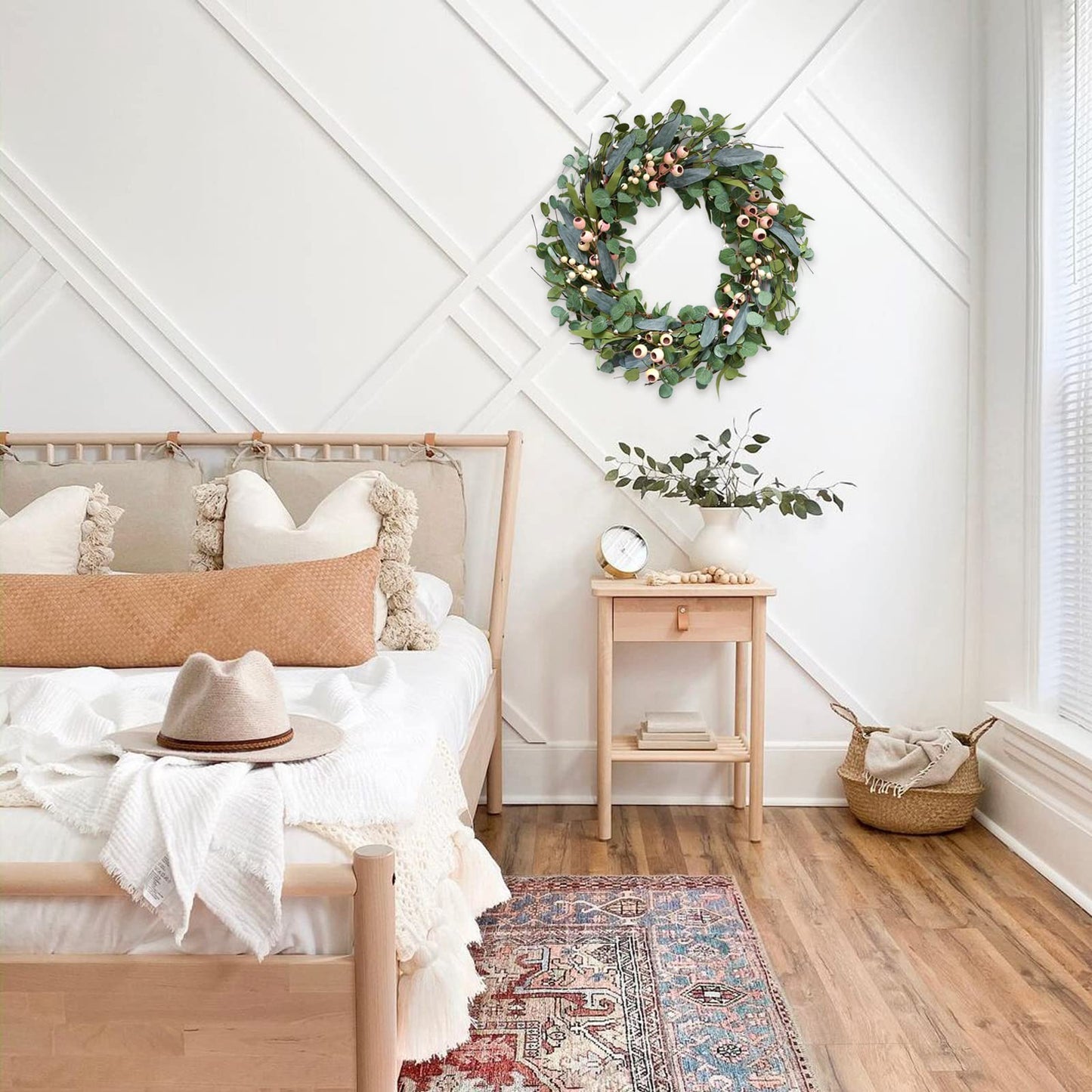 Bibelot 20inch Artificial Eucalyptus Wreath Green Leaves White Berry Big Berries Wreath for Front Door All Seasons Decoration Year Round Decor Home Decor