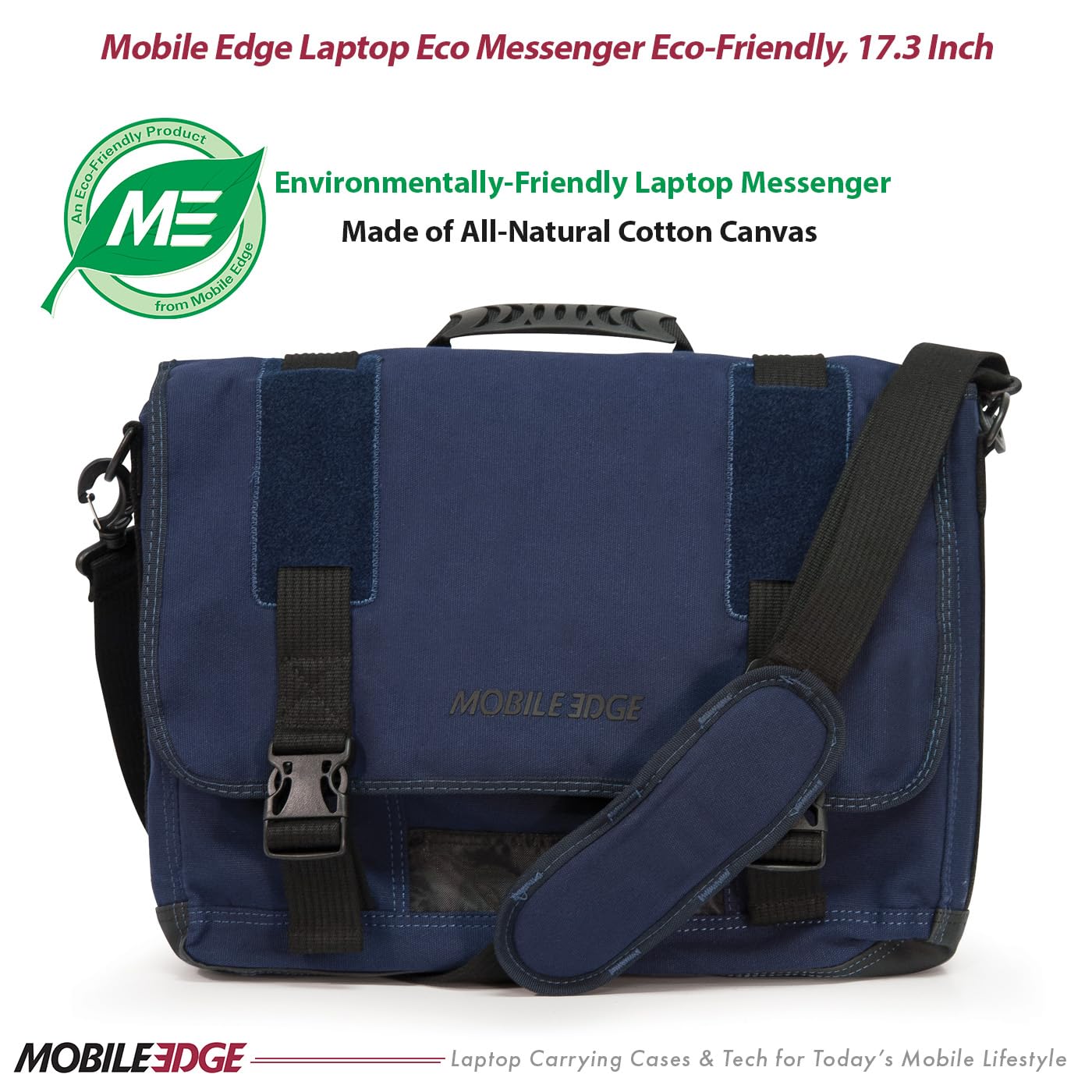 Mobile Edge ECO Laptop Messenger Bag for Men and Women, Fits Up To 17.3 Inch Laptops, Travel Work Computer Bag, Cotton Canvas, Padded Pockets, Black