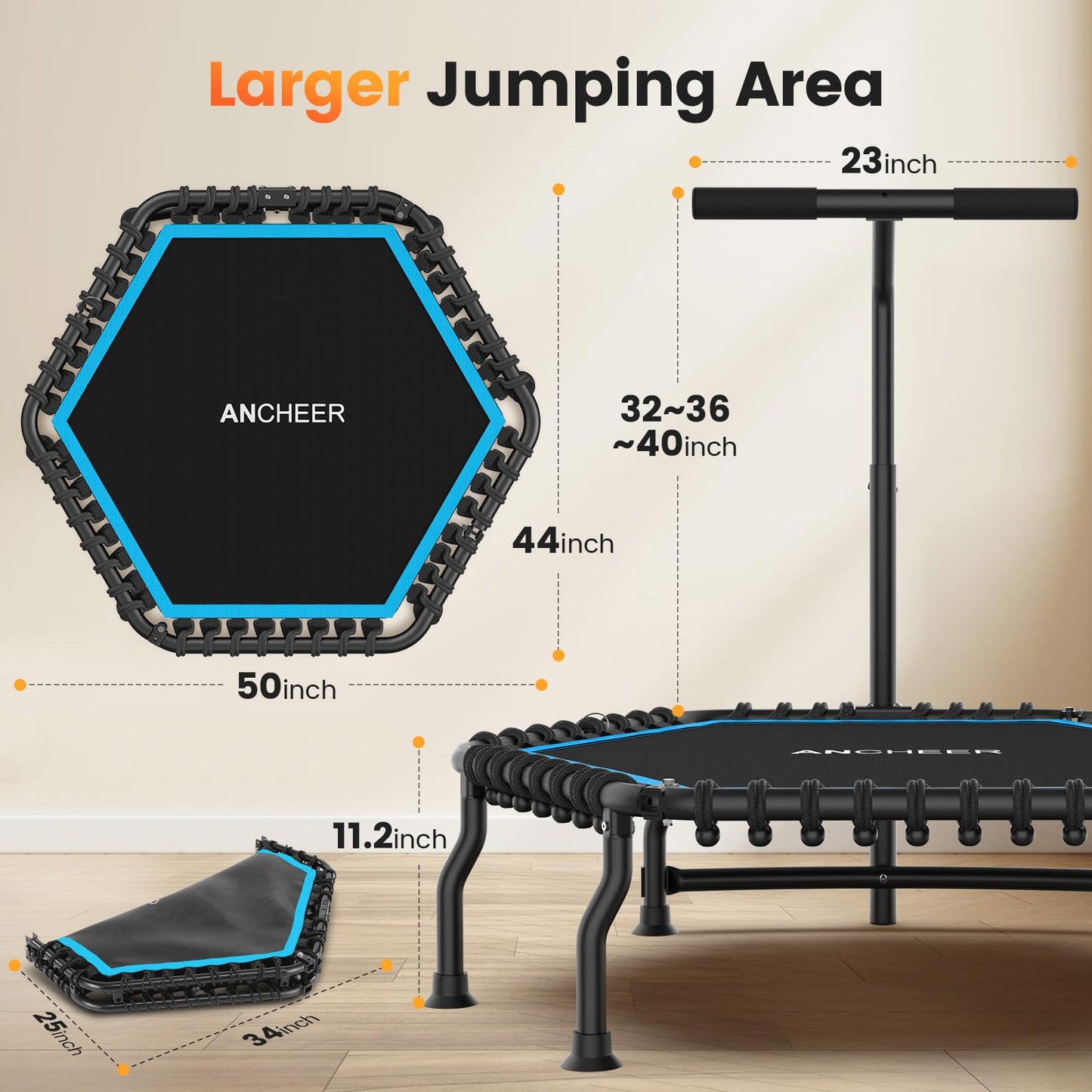 ANCHEER 50" Rebounder Trampoline for Adults- 2026 Foldable Mini Trampoline with Bar- Exercise Trampoline for Adults, Max Load 560lbs, for Indoor/Garden Workout