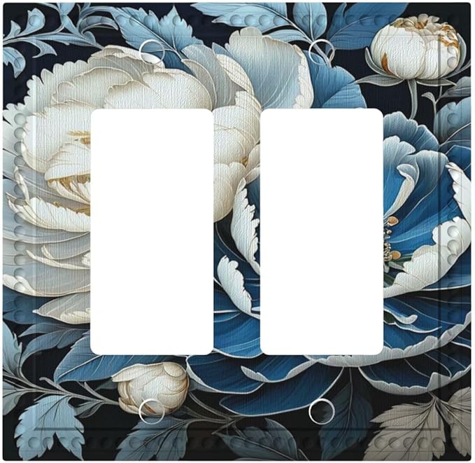 White Blue Flower Peonies Dual Outlet Covers Wall Plate 2 Gang Rocker Decora Decorative Switchplate Electrical Faceplate GFCI Light Switch Covers for Farmhouse Living Decor