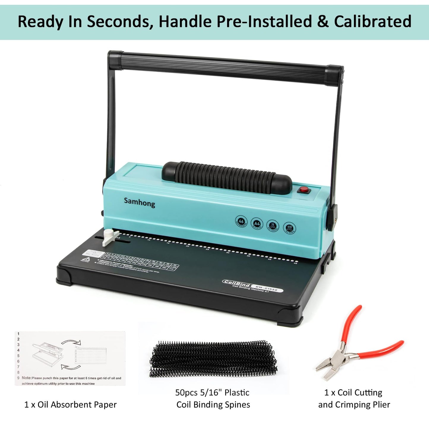 SAMHONG Coil Spiral Binding Machine - Manual Hole Punch - Electric Coil Inserter - Adjustable Side Margin - for Letter Size/A4/A5, Comes with 1 Box 5/16'' Plastic Coil Binding Spines & Plier