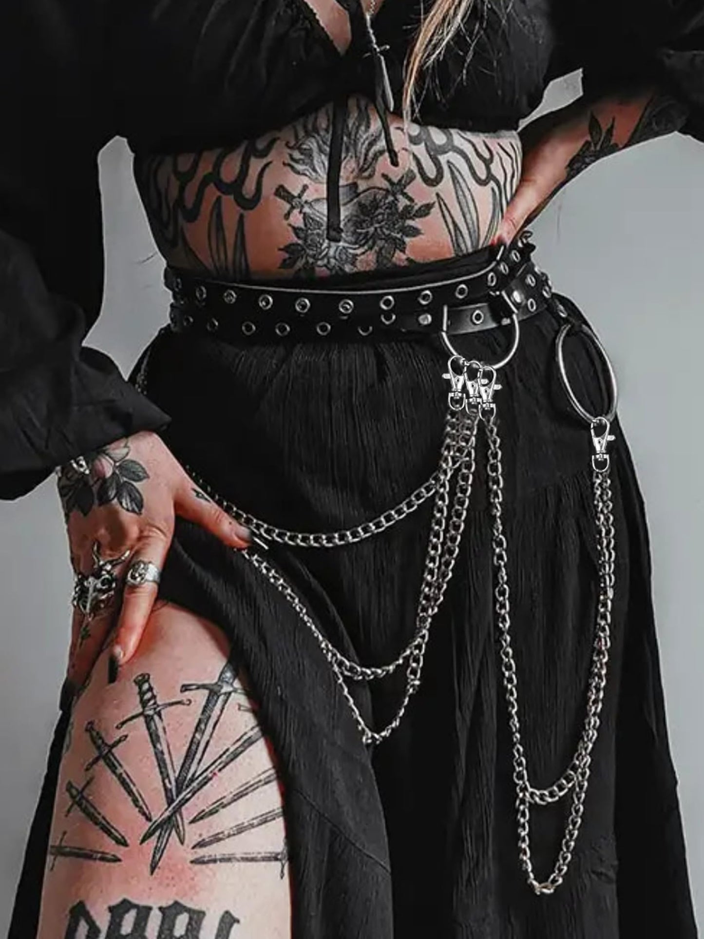 WARANDOD Women Double Layer Waist Belt with Chain, Adjustable Faux Leather Alloy Hip Belt for Street Style Festival Outfits(Waist 26.4-35.4in)
