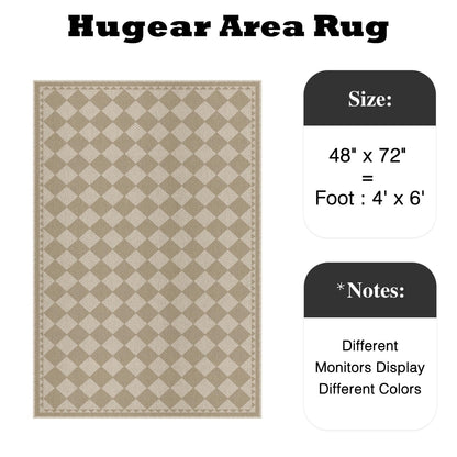 HUGEAR 4x6 Outdoor Rug Brown/Beige Linen-Look Fabric Checkered Area Rug High Traffic Stain Resistant Easy Clean Durable Rugs for Indoor/Outdoor Patio Deck Balcony Porch Garden Courtyard