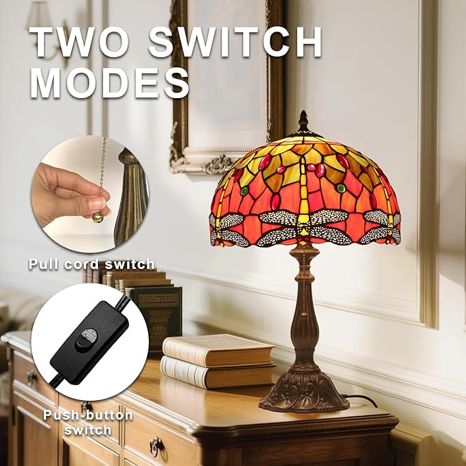 Tiffany Table Lamp Stained Glass Bedside Table Lamp Desk Reading Light 12 Inches Bedroom Living Room Home Office Decor Lamp(Yellow Dragonfly)