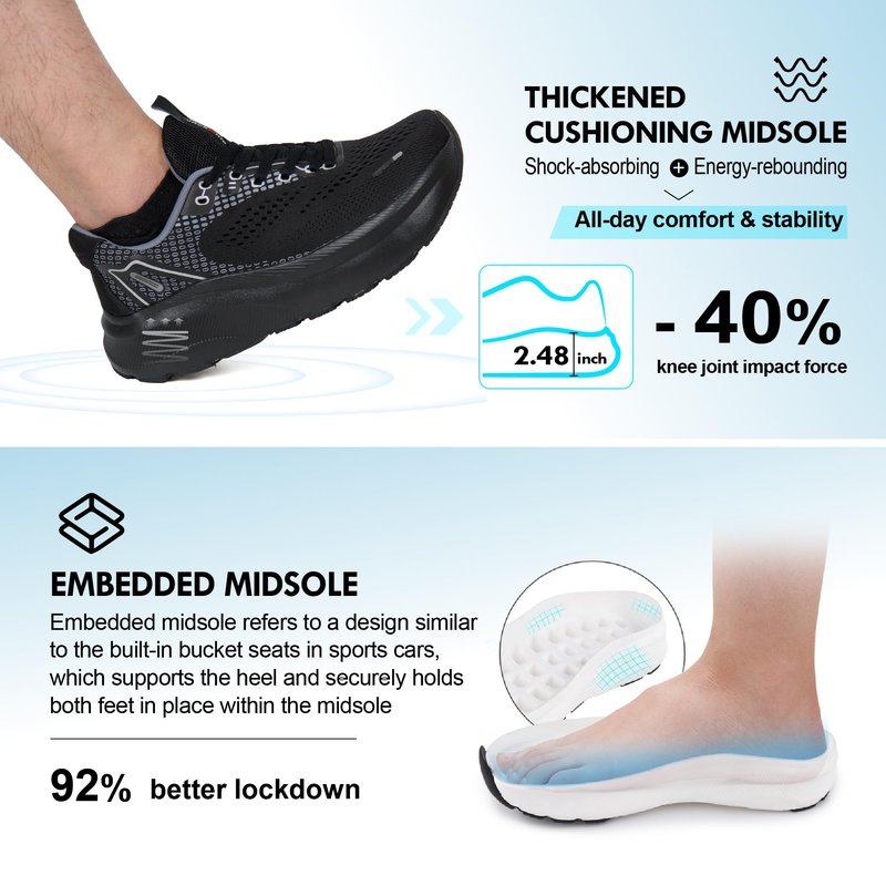 JACKSHIBO Wide Toe Box Shoes for Men Arch Support Shoes Wide Width Sneakers for Running Walking Athletic Tennis Orthopedic Plantar Fasciitis Workout with Thick Cushioned Zero Drop Sole Black